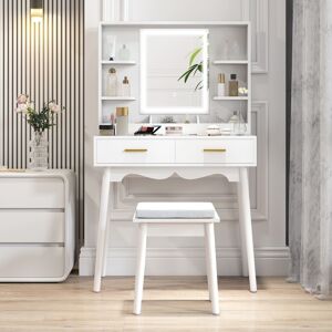 MHSTAR UK LTD HOMCOM Dressing Table with Mirror and Stool, Vanity Desk with 3-Colour LED Lights, Modern Makeup Table with Cushioned Seat, 2 Drawers, Storage Shelves