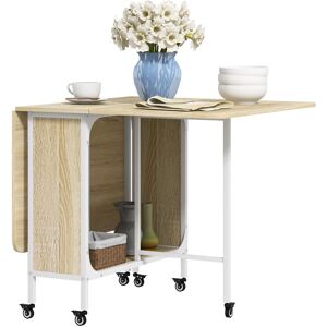 MHSTAR UK LTD HOMCOM Mobile Drop Leaf Table Folding Kitchen Table Extendable Dining Table For Small Spaces With 6 Wheels & Storage Shelf Natural Wood Finish