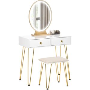 MHSTAR UK LTD HOMCOM Dressing Table Set with LED Light, Round Mirror, Vanity Makeup Table with 2 Drawers and Cushioned Stool for Bedroom, White