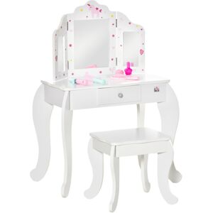 MHSTAR UK LTD HOMCOM Kids Vanity Table & Stool Girls Dressing Set Make Up Desk Chair Dresser Play Set with Rotatable Mirrors Drawer Star & Heart Pattern White