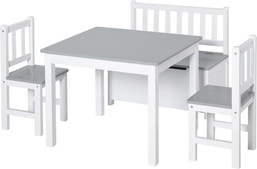 MHSTAR UK LTD HOMCOM 4-Piece Kids Table and Chair Set with 2 Wooden Chairs, 1 Storage Bench, and Interesting Modern Design, Grey/White