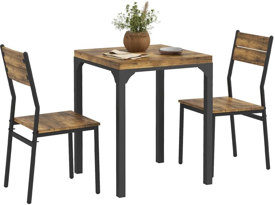 MHSTAR UK LTD HOMCOM 3 Pieces Compact Dining Table 2 Chairs Set Wooden Metal Legs Bistro Cafe Kitchen Breakfast Bar Home Furniture, Rustic Brown
