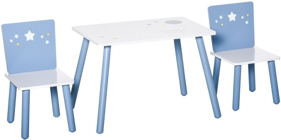 MHSTAR UK LTD HOMCOM 3 Pcs Kids Table & Chairs Set w/ Wood Legs Safe Corners Cute Stars Seating Mini Furniture Home Playroom Bedroom Dining Room Blue