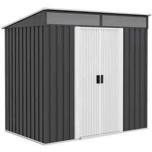 MHSTAR UK LTD Outsunny 6.5 x 4FT Galvanised Metal Garden Shed with Foundation, Lockable Tool Storage House with Double Sliding Doors and 2 Vents, Grey
