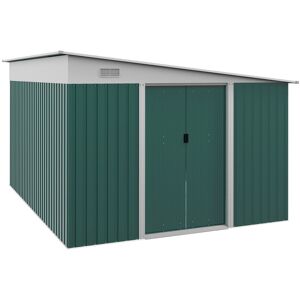 MHSTAR UK LTD Outsunny 11.3 x 9.2ft Lean to Metal Garden Shed, Outdoor Galvanised Tool Storage House with Double Sliding Doors and 2 Air Vents, Green