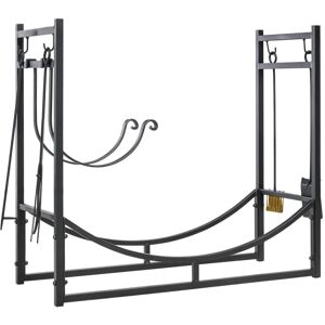 MHSTAR UK LTD Outsunny Firewood Stand Log Rack Holder 84cm with 4-PC Fireplace Tools Set, Indoor Outdoor, Metal, Black w/ Set AOSOM UK
