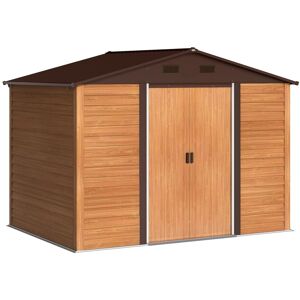 MHSTAR UK LTD Outsunny 9 x 6ft Metal Garden Shed, House Hut Gardening Tool Storage with Ventilations, Sliding Door, Sloped Roof for Garden, Patio, Brown Wood Effect