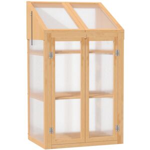 MHSTAR UK LTD Outsunny Wooden Cold Frame Polycarbonate Greenhouse with Openable Top Cover and Double Door, Grow House for Flower, Vegetable and Plants, 70 x 50 x 12