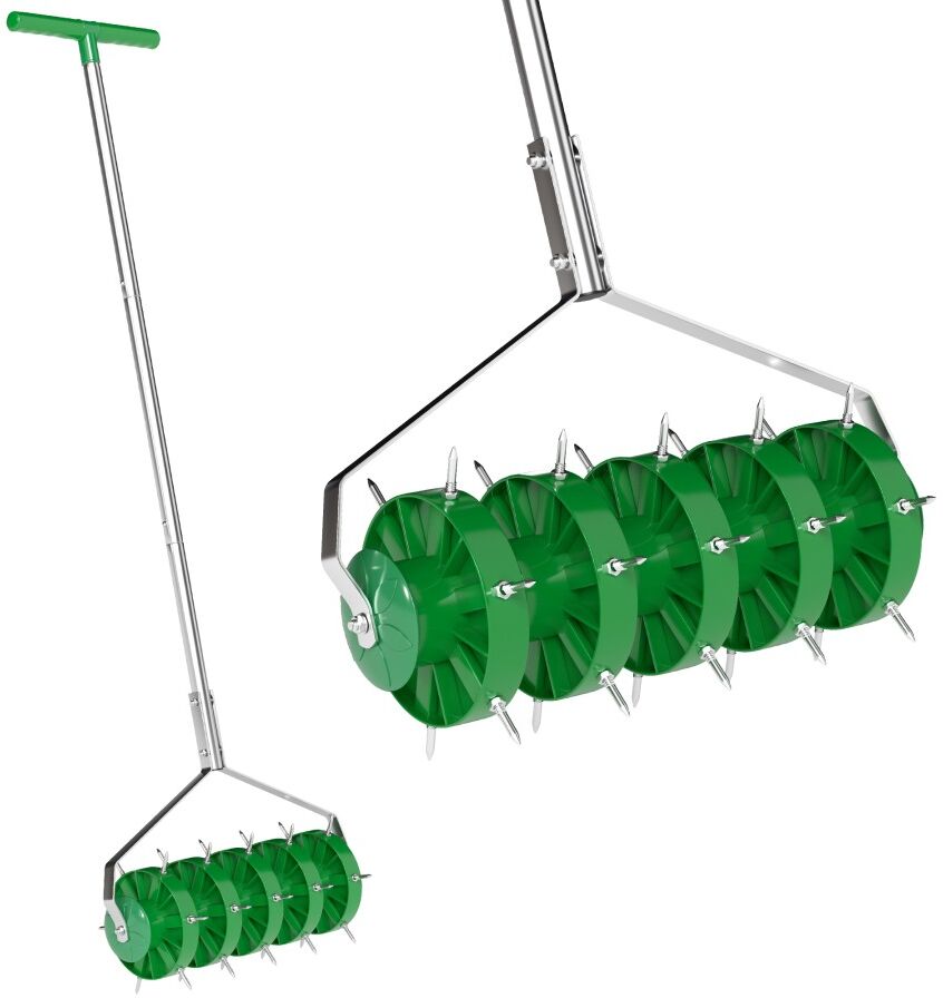 MHSTAR UK LTD Outsunny Rolling Lawn Aerator, Manual Grass Spike Roller, Heavy Duty Garden Aerator with 3 Piece Detachable Handle and T-bar Grip, Outdoor Garden Lawn