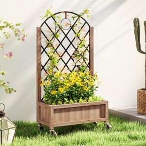 MHSTAR UK LTD Outsunny Raised Garden Bed with Metal Trellis, Wooden Elevated Planter Box with Wheels and Drainage Holes, Outdoor Raised Planter for Climbing Plants,
