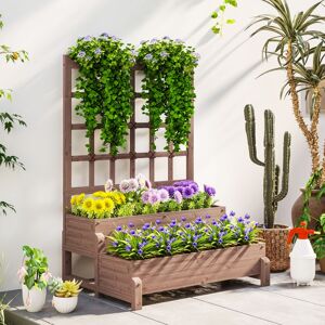 MHSTAR UK LTD Outsunny 2-Tier Raised Garden Bed with Trellis, Wooden Elevated Planter Box with Drainage Holes, Outdoor Raised Planter for Climbing Plants, Fruits, V