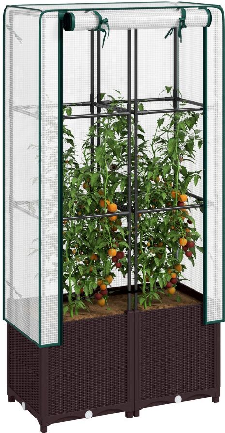 MHSTAR UK LTD Outsunny Raised Garden Bed with Trellis, Plastic Planter Box with Drainage Holes and Drain Plugs for Climbing Plants, Vegetables, Flowers, 80 x 40 x 1