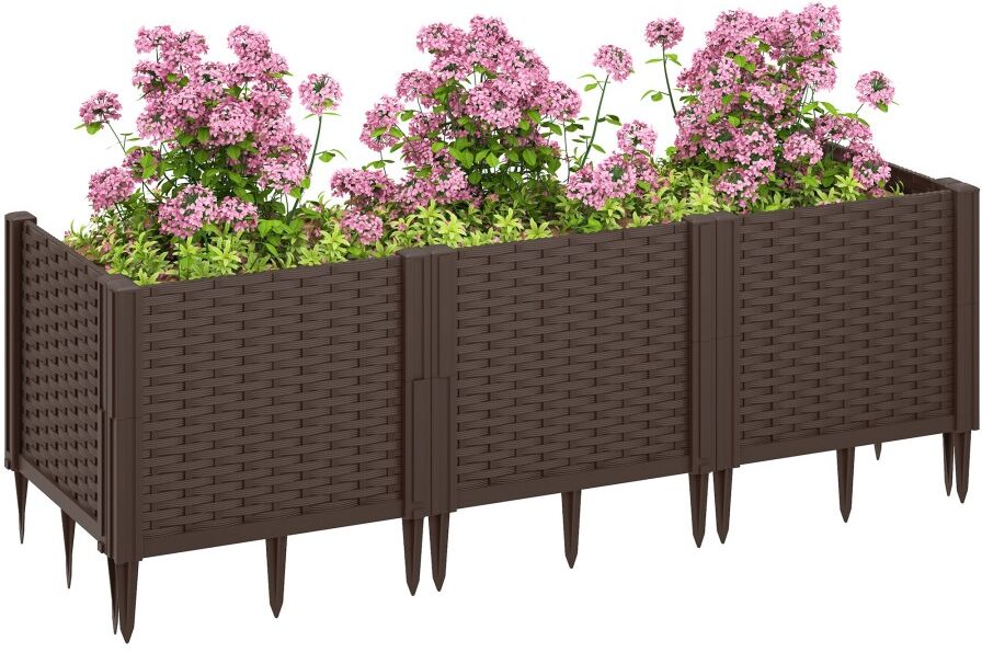 MHSTAR UK LTD Outsunny Plastic Raised Garden Bed, Modular Planter Box Kit, Garden Fence Edging Border for Flowers, Vegetables, Herbs, Brown