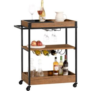 SoBuy Commercial GmbH SoBuy SVW19-N, 3 Tiers Kitchen Trolley Serving Trolley with Wine Rack and Removable Tray, Wood-clearance