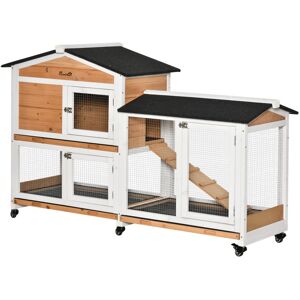 MHSTAR UK LTD PawHut Wooden Rabbit Hutch Guinea Pig Cage w/ Wheels, Run, Slide-Out Tray, Ramp