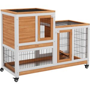 MHSTAR UK LTD PawHut Wooden Indoor Rabbit Hutch, Guinea Pig House, Bunny Small Animal Cage With Wheels, Enclosed Run 110 x 50 x 86 cm, Yellow