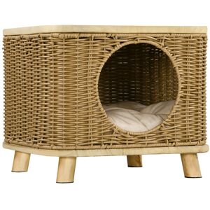 MHSTAR UK LTD PawHut Wicker Cat House, Elevated Design Rattan Cat Bed Basket with Washable Soft Cushion, Door Hole, for Indoor Cats Kittens, Light Brown
