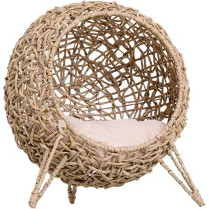 MHSTAR UK LTD PawHut Wicker Cat House, Ball-Shaped Rattan Raised Cat Bed - Natural Wood Finish