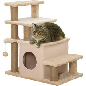 MHSTAR UK LTD PawHut Dog Steps for Bed, 4 Step Pet Stairs with Cat House, Detachable Cover, Sisal Scratching Post, Cat Climb ladder for Sofa w/ Hanging Balls - Beig