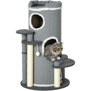 MHSTAR UK LTD PawHut Cat Tree for Indoor Cats, 3 Tier Cat Tower Barrel Shaped with Sisal Scratching Posts, Cat Bed, Platforms, Hanging Ball, Grey