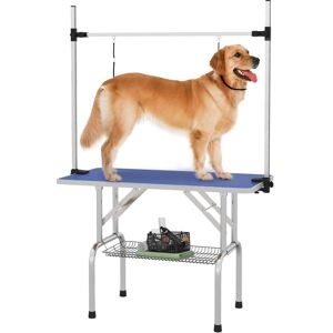 MHSTAR UK LTD PawHut Metal Adjustable Dog Grooming Table Rubber Top 2 Safety Slings Mesh Blue