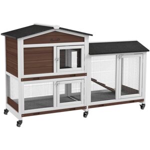 MHSTAR UK LTD PawHut Two-Tier Rabbit Hutch Outdoor and Run Wooden Mobile Guinea Pig Hutch Bunny Cage w/ Wheels, Run, Slide-Out Tray, Ramp 157.4 x 53 x 99.5 cm - Bro