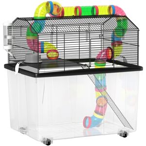 MHSTAR UK LTD PawHut Hamster Cage with 31cm Deep Tray, 2 Tier Gerbil Cage with Tube System, Water Bottle, Ramp, Feeding Bowl, 58 x 43 x 57cm, Multicolour