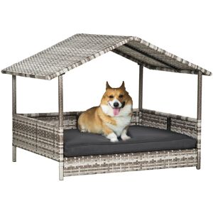 MHSTAR UK LTD PawHut Wicker Dog Bed, Elevated Rattan Dog House with Removable Cushion and Canopy, for Small and Medium Dogs, 98 x 69 x 70cm - Dark Grey
