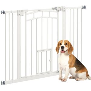 MHSTAR UK LTD PawHut Pressure Fit Safety Gate, Dog Gate Pet Barrier with Small Cat Door, Two Extension Kits, Auto Closing System, Double Locking for Stairs, Hallway