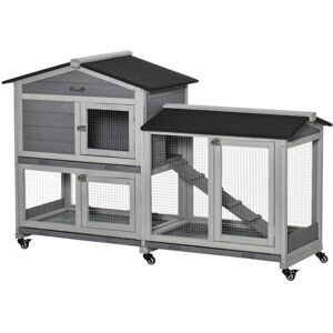 MHSTAR UK LTD PawHut Two-Tier Rabbit Hutch Outdoor and Run Wooden Mobile Guinea Pig Hutch Bunny Cage w/ Wheels, Run, Slide-Out Tray, Ramp 157.4 x 53 x 99.5 cm - Lig
