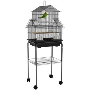 MHSTAR UK LTD PawHut Metal Bird Cage with Plastic Swing Perch Food Container Tray Handle Wheels Storage Shelf for Finch Canary Budgie 50.5 x 41 x 121cm Black