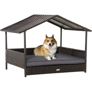 MHSTAR UK LTD PawHut Rattan Dog House, Elevated Wicker Pet Bed Lounge with Removable Cushion and Canopy, for Small and Medium Dogs, 98 x 69 x 73cm - Grey