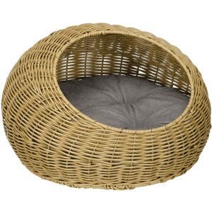 MHSTAR UK LTD PawHut Wicker Cat House, Rattan Cat Bed Kitten Basket with Washable Cushion for Indoor Cats and Puppies, Light Brown