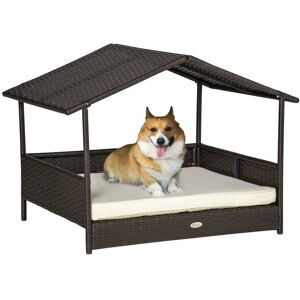MHSTAR UK LTD PawHut Rattan Dog House, Elevated Wicker Pet Bed Lounge with Removable Cushion and Canopy, for Small and Medium Dogs, 98 x 69 x 73cm - Cream