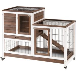 MHSTAR UK LTD PawHut Wooden Indoor Rabbit Hutch Elevated Bunny Cage with Enclosed Run W/ Wheel