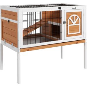 MHSTAR UK LTD PawHut Wooden Rabbit Hutch, Elevated Guinea Pig Cage w/ Openable Roof, Ladder, Removable Tray, 90 x 53 x 87cm - Yellow