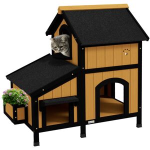 MHSTAR UK LTD PawHut Wooden Outdoor Cat House with Flower Pot, Windows, Multiple Entrances, Water-Resistant Roof - Yellow