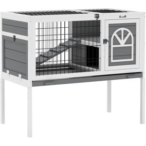 MHSTAR UK LTD PawHut Wooden Rabbit Hutch, Elevated Guinea Pig Cage w/ Openable Roof, Ladder, Removable Tray, 90 x 53 x 87cm - Grey