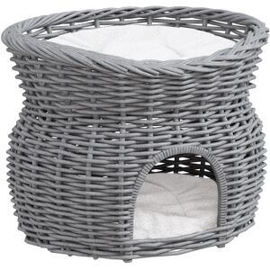 MHSTAR UK LTD PawHut 2-Tier Wicker Cat House Elevated Pet Bed Basket Willow Kitten Tower Pet Den. Cozy Cave with Washable Cushions 56x37x40cm Grey
