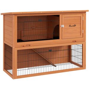MHSTAR UK LTD PawHut 2 Tier Rabbit Hutch with Run, Wooden Guinea Pig Hutch, Tray, Ramp, Asphalt Roof, 92cm Antiseptic Wood Outdoor Rabbit House for 1-2 Rabbits - Or