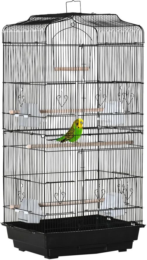 MHSTAR UK LTD PawHut Bird Cage with Perches, Food Bowls, Swing, Parrot Cage for Budgie, Parakeet, Small Bird, 46.5 x 35.5 x 92cm, Black