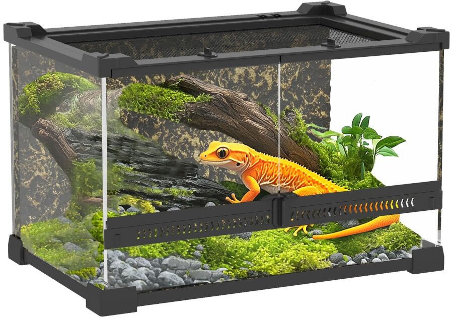 MHSTAR UK LTD PawHut Reptile Glass Terrarium, Reptile Vivarium with Stone Background, Front Ventilation, Escape-Proof Knob Lock, Glass Enclosure for Lizards, Horned