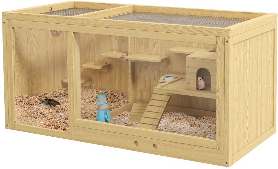 MHSTAR UK LTD PawHut Wooden Hamster Cage with Water Bottle, Small Animal Exercise Play House with Platforms, Openable Roof, Sliding Tray, Hut, Seesaws, Natural Wood
