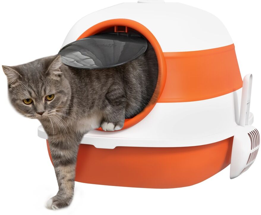 MHSTAR UK LTD PawHut Foldable Cat Litter Tray with Lid, Hooded Cat Litter Box w/ High Sides, Air Freshener, Large Two-Way Entrance, Scoop, Orange