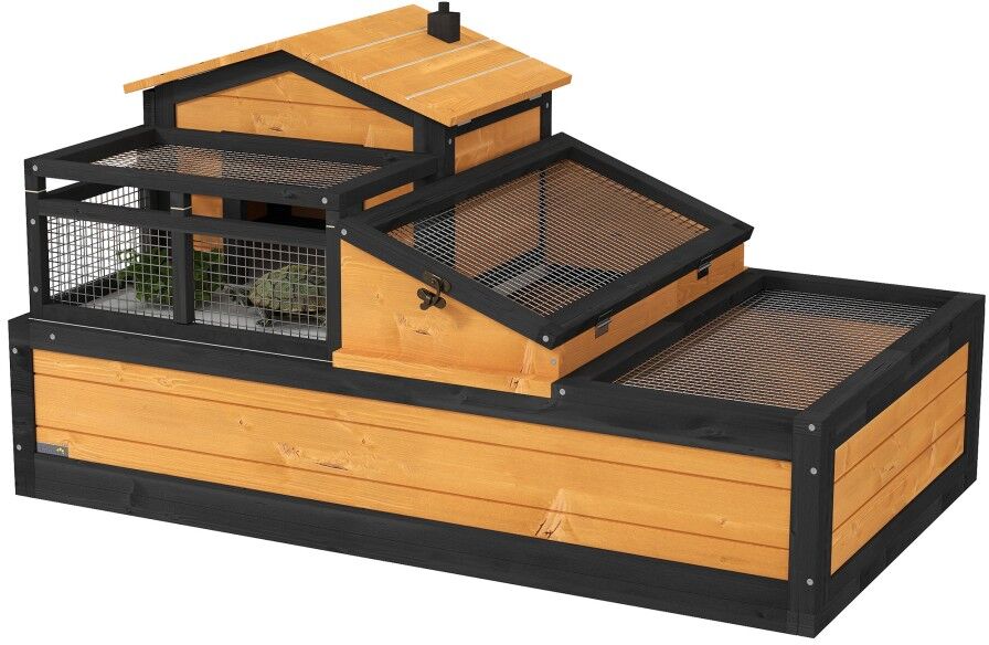 MHSTAR UK LTD PawHut Tortoise House 3-Room Wooden Tortoise Enclosure Large Reptile Cage with 2 Stories, Ladder, Balcony, Tray, Openable Roof, 60H x 112L x 65Wcm, Ye
