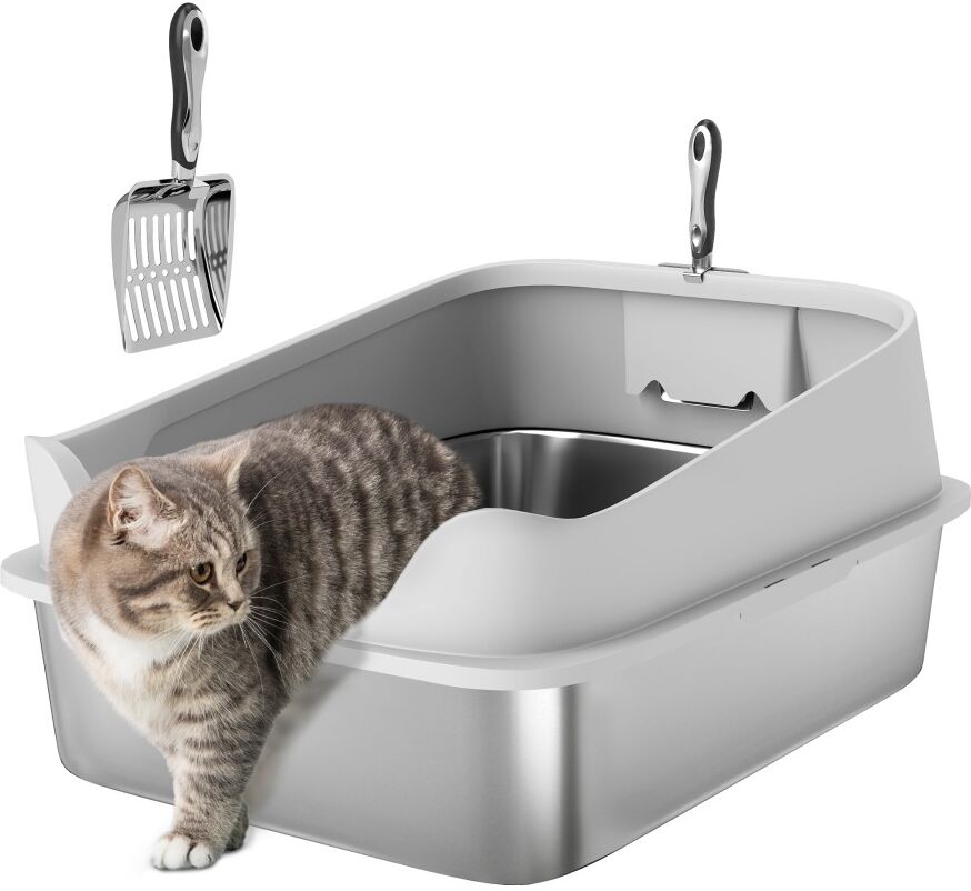 MHSTAR UK LTD PawHut XXL Cat Litter Tray Stainless Steel, Cat Litter Box High Sided with Metal Litter Scoop, Never Absorbs Odors, Anti Leakage & Easy to Clean, 70 x