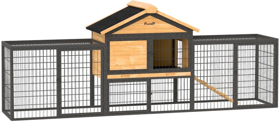 MHSTAR UK LTD PawHut Rabbit Hutch Outdoor, Wooden Guinea Pig Hutch with Steel Run, Removable No Leakage Tray, Waterproof Roof, Ramp, Small Animal House for 2-3 Bunn