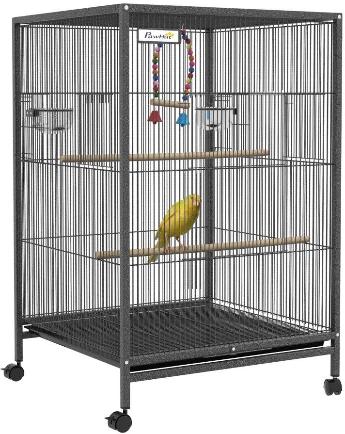 MHSTAR UK LTD PawHut Bird Cage, Budgie Cage, Parrot Cage, with Rolling Stand, Stainless Steel Bowls, Swings, Removable Tray for Small Parrot, Budgie, Lovebird - Gre