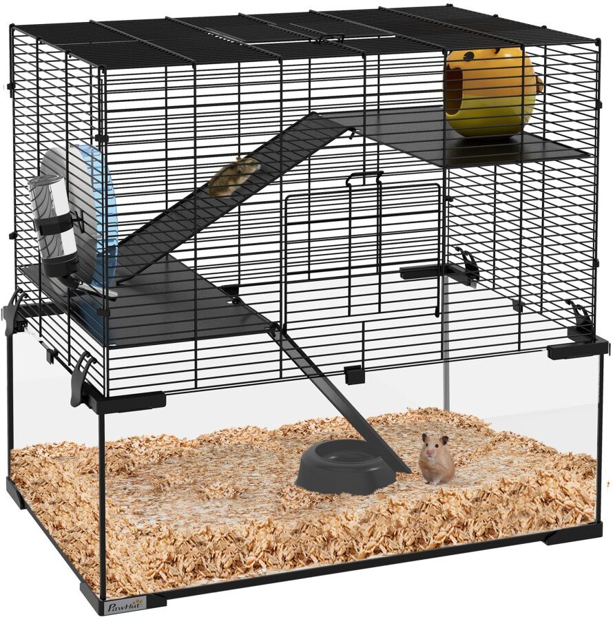 MHSTAR UK LTD PawHut 3 Tiers Hamster Cage, Gerbil Cage w/ Ramps, Exercise Wheel