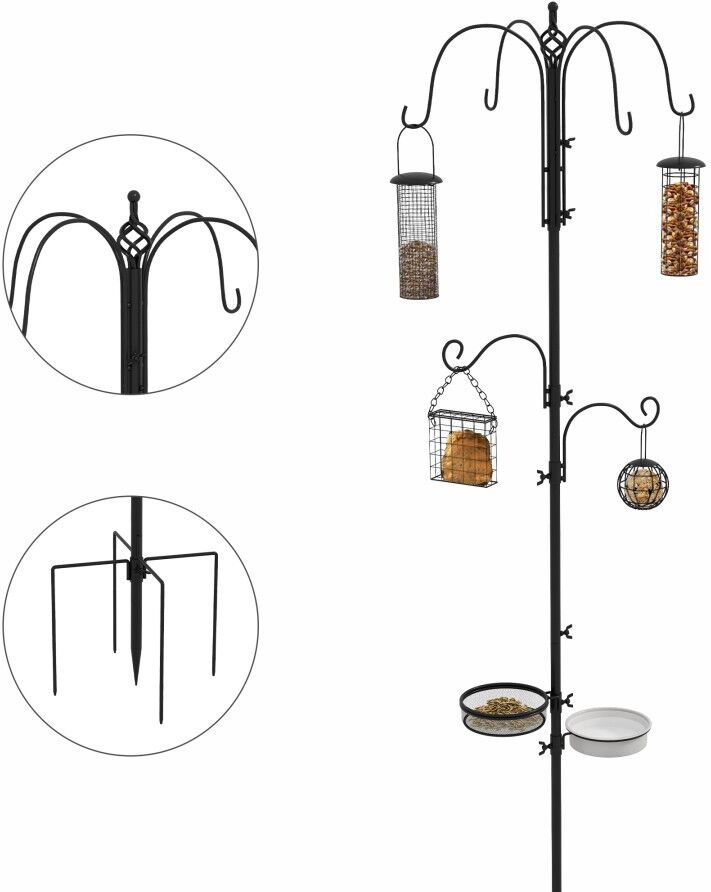 MHSTAR UK LTD Pawhut Bird Feeding Station Kit Wild Bird Feeder Pole w/ 6 Hooks 4 Prong Bases